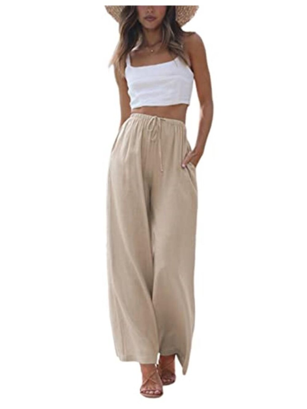Womens Cotton Linen Wide Leg Palazzo Pants Flowy Beach Trousers Pockets Khaki